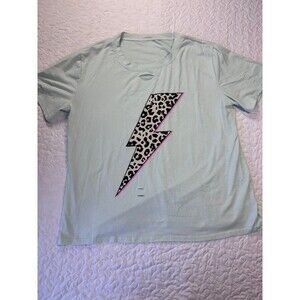 Leopard Print Lightning Blot Blue Pink Distressed Crewneck Tshirt size xl